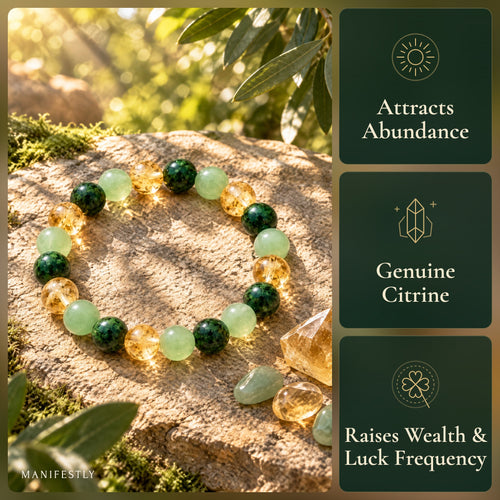 Manifestly Abundance Bracelet on a sunlit stone: attracts abundance, genuine citrine, raises wealth and luck frequency