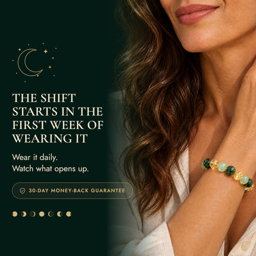 Woman wearing the Manifestly Abundance Bracelet: the shift starts in the first week of wearing it, 30-day money-back guarantee