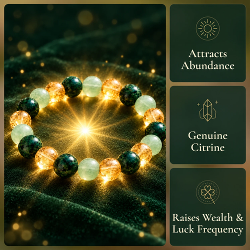 Manifestly Abundance Bracelet glowing on dark moss: attracts abundance, genuine citrine, raises wealth and luck frequency